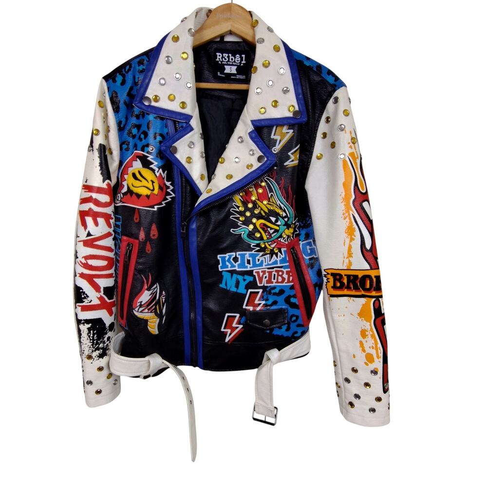 R3bêl Jacket Women Small Biker Punk Faux Leather Studded Graffiti Moto MSRP $250